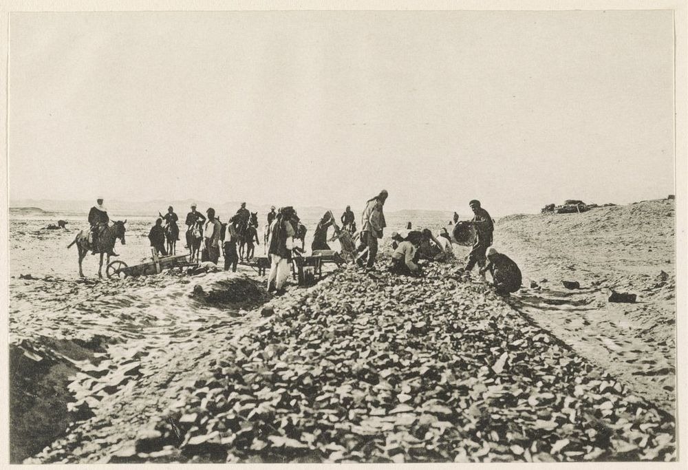 Construction of the Hejaz Railroad. Ballasting the Rail Tracks. 1906. Photo credit: Library of Congress