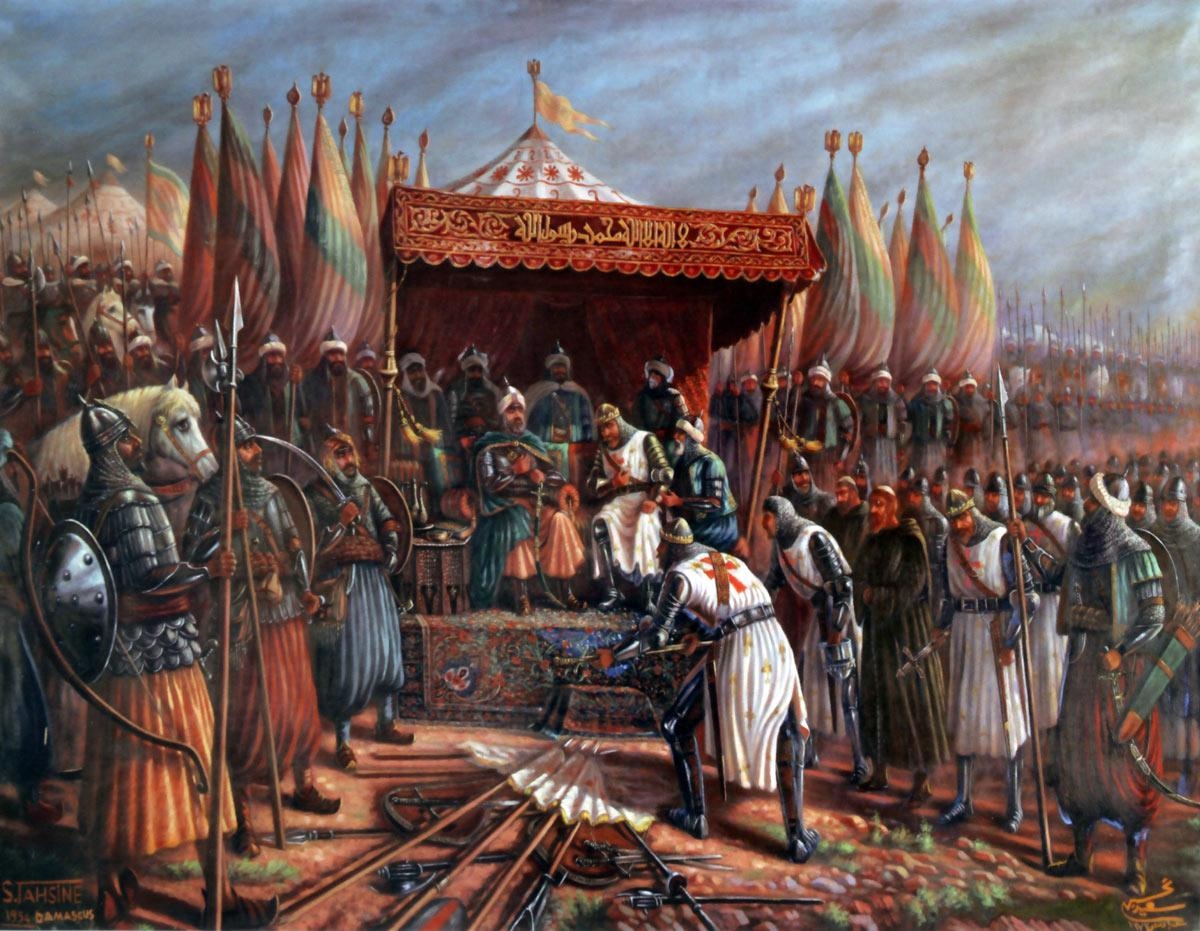 A painting depicting the surrender of the Latin ruler Guy de Lusignan to Saladin, the Sultan of Egypt and Syria (r. 1174-1193 CE), after the battle of Hattin in 1187 CE. The loss and subsequent capture of Jerusalem by Saladin would spark off the Third Crusade (1189-1192 Ce)