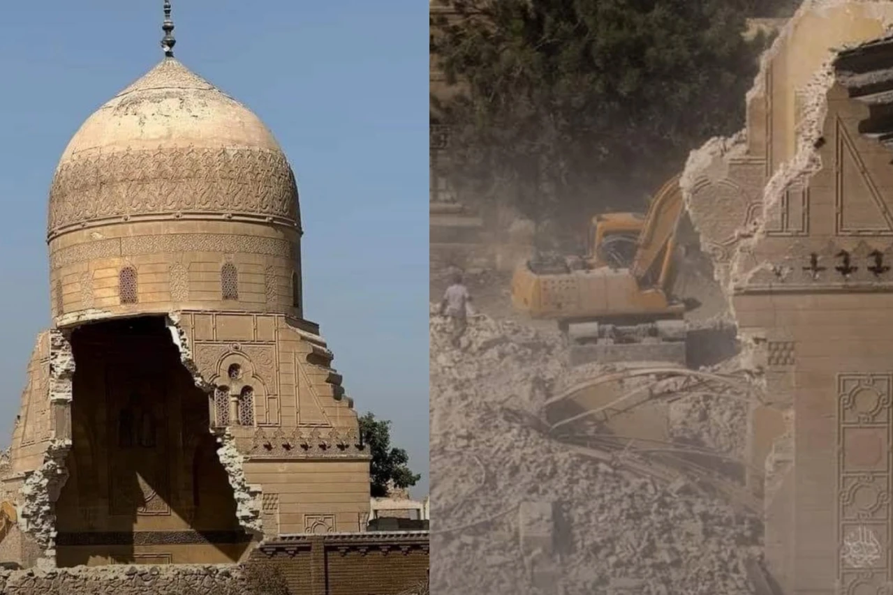 The Mamluk-style domed historical mausoleum built for Nam Shah Kadin was demolished by the Egyptian government for the construction of a parking lot, October 24, 2024. (Photo via Aktuel Tarih)