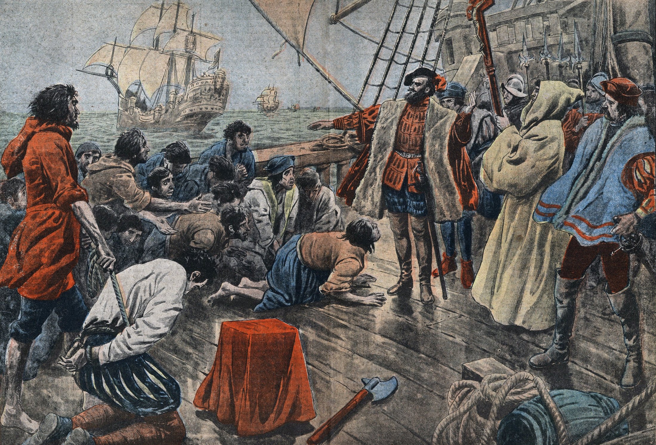 Illustration of the crew of Ferdinand Magellan swearing their allegiance to him on a cross following an unsuccesful mutiny. (Getty Images Photo)