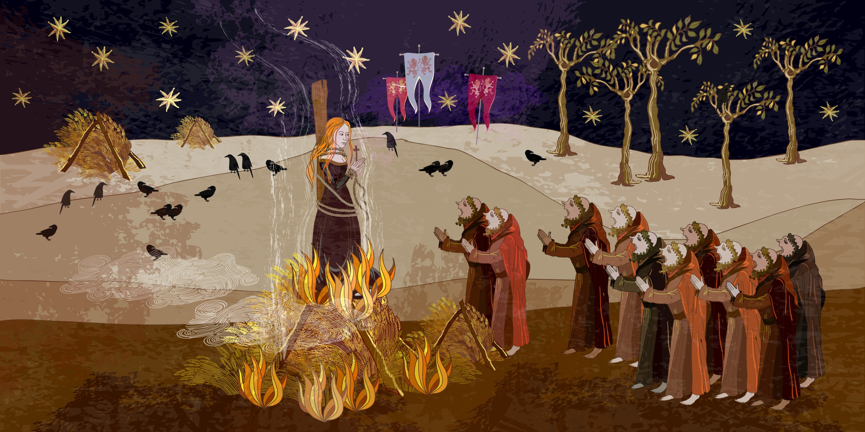 An artist's illustration of the burning of the witches in the Middle Ages, parchment style. (Shutterstock Photo)