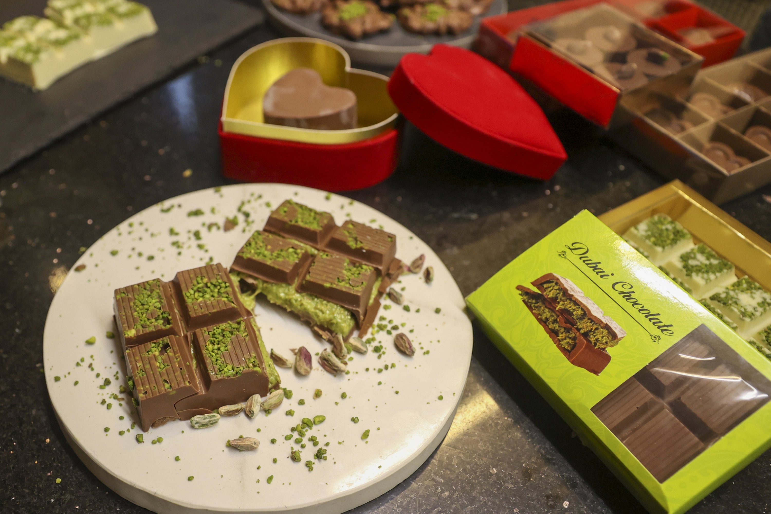 Dubai chocolate in seen on a plate in the southern province of Gaziantep, Türkiye, Nov. 5, 2024. (AA Photo)