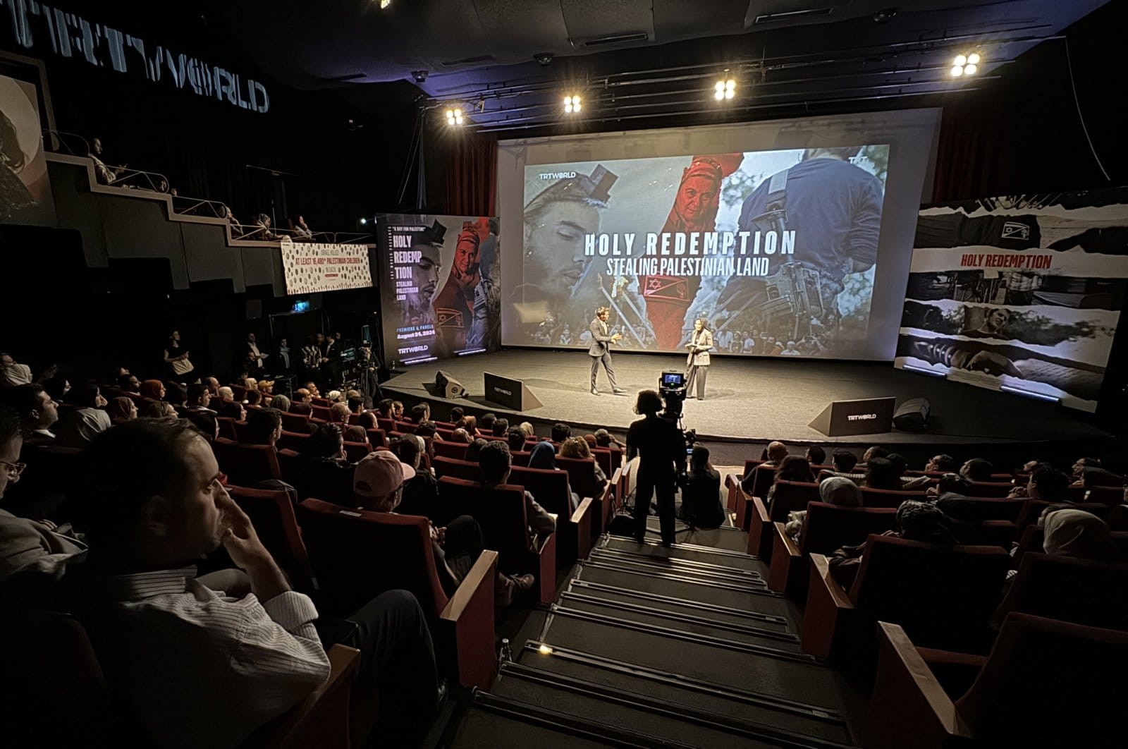 The panel was held before the screening of the documentary "Holy Redemption," filmed by TRT World teams in the occupied Palestinian territories and depicting the atrocities committed by Jewish settlers against Palestinians in the West Bank, Istanbul, Türkiye, Aug. 24, 2024. (AA Photo)