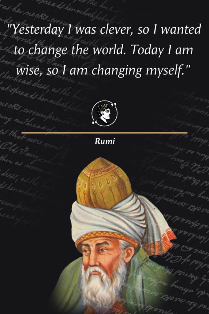 A portrait of Mevlana Rumi, the 13th-century Sufi mystic and poet.