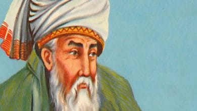 A portrait of Mevlana Rumi, the 13th-century Sufi mystic and poet.