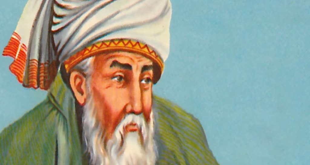 A portrait of Mevlana Rumi, the 13th-century Sufi mystic and poet.