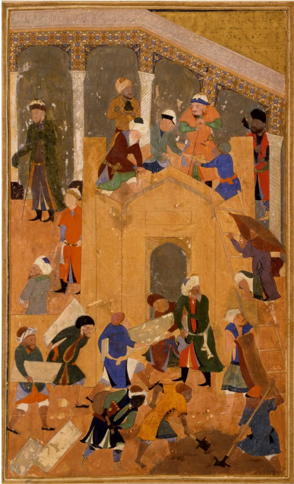 Building of the Great Mosque in Samarkand. Creation date: 1467-1468, creation date: illumination, ca. 1480s. Author: text by Sharaf al-Din ’Ali Yazdi (Islamic, died 1454) Painter: illustrations by Bihzad (Persian, 1450-1536)/John Work Garrett Library Johns Hopkins University, Baltimore, Maryland.