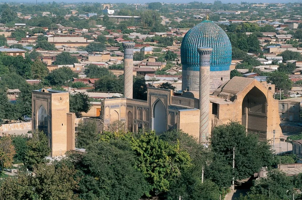 High angle view of a mausoleum, Gur Emir Mausoleum, Samarkand, Uzbekistan/Photo by DEA / C. SAPPA/De Agostini via Getty Images