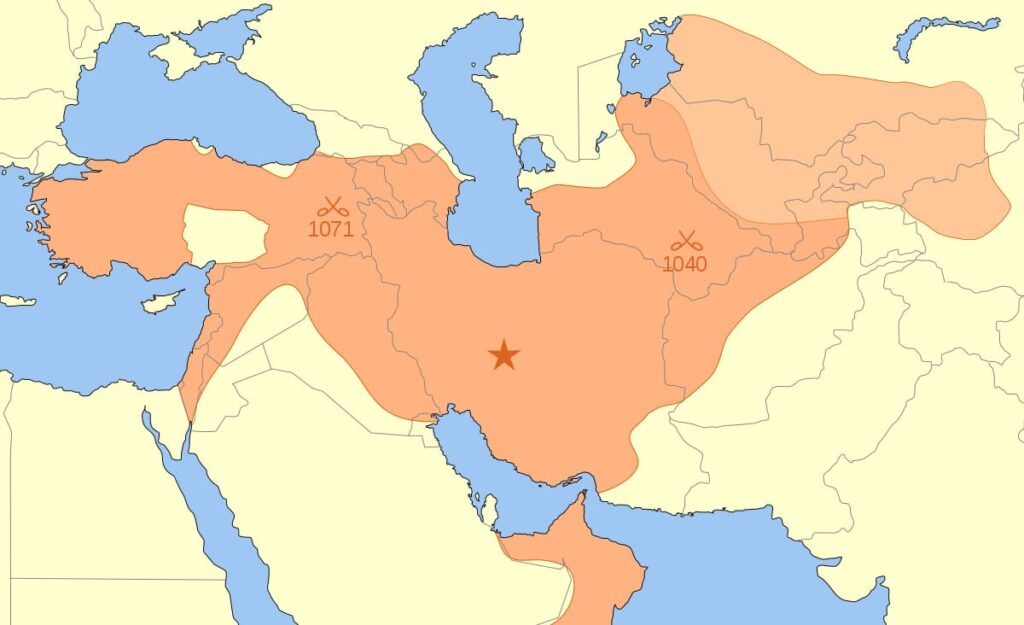 Map showing the Seljuk Empire at its height, spanning Iran, Mesopotamia, and parts of Central Asia.