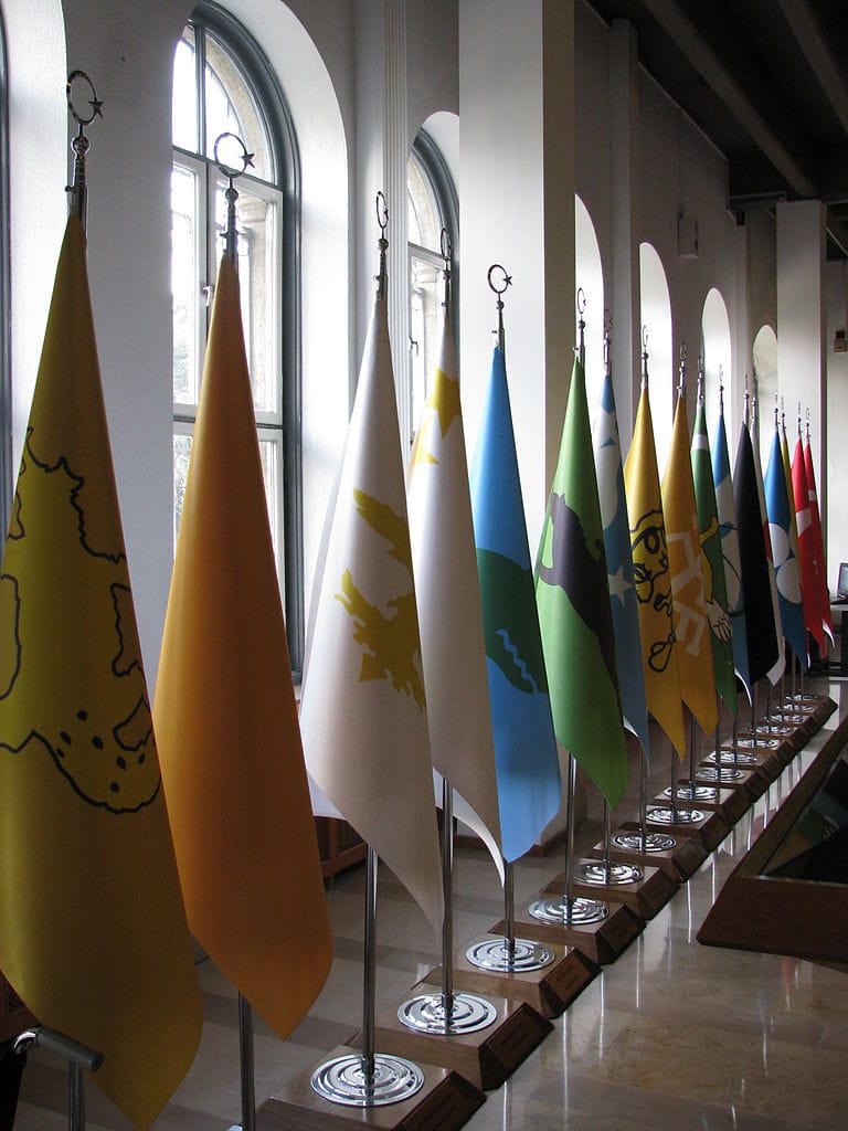 Flags of the 16 Great Turkish Empires displayed in the Istanbul Military Museum