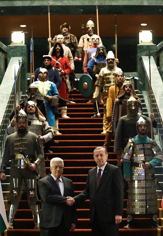 Erdoğan and Abbas with actors representing the 16 Great Turkic Empires (2015)[1]Yıldız Yazıcıoğlu (VOA)