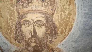 Rare fresco of Constantine XI Palaiologos in imperial attire, featuring a purple cloak and double-headed eagles, discovered in the Holy Monastery of Pammegiston Taxiarchon, Greece