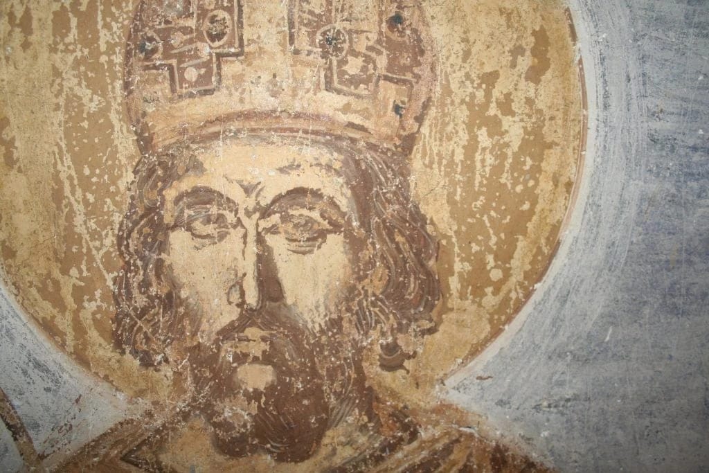 Rare fresco of Constantine XI Palaiologos in imperial attire, featuring a purple cloak and double-headed eagles, discovered in the Holy Monastery of Pammegiston Taxiarchon, Greece